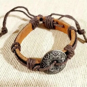 Handmade Brown Black Aztec Tribal Sun Leather Silver Pewter Adjustable Bracelet